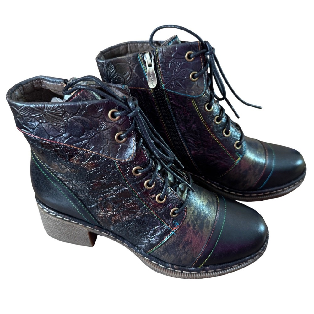 L'Artiste Spring Step Fallinluv Ankle Boots 37 Black Floral Metallic Block Heel